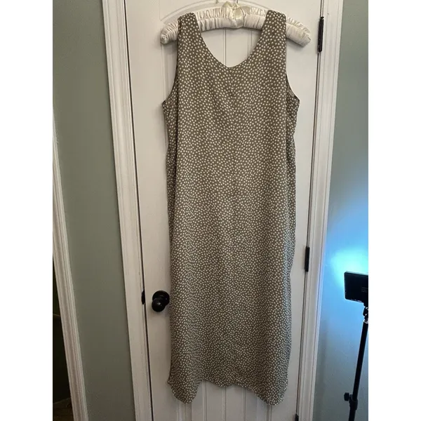Reversible Maxi Dress L XL Floral Polka Dots Sleeveless Side Slits Tan Gray Mult - Image 7