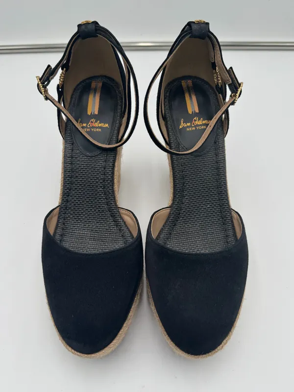 Sam Edelman Black Suede Espadrille Wedge Heels Size 8 Ankle Strap Platform - Image 2