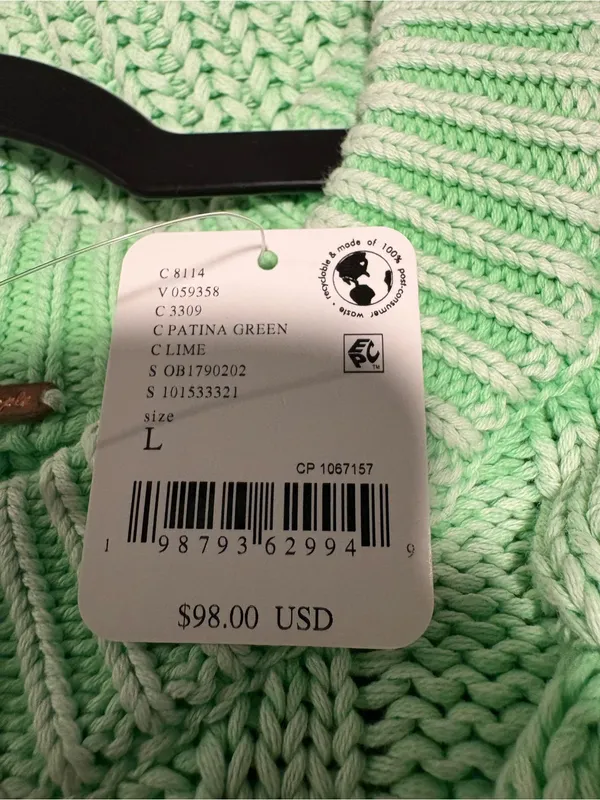 NWT Free People Frankie Cable Knit Cotton Sweater Patina Green Lime LARGE - Image 7