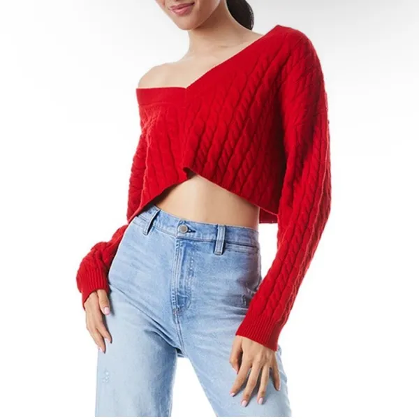 Alice + Olivia XS Ayden Crop Wool Cashmere Sweater‎ Cable Knit Red Valentines - Image 8