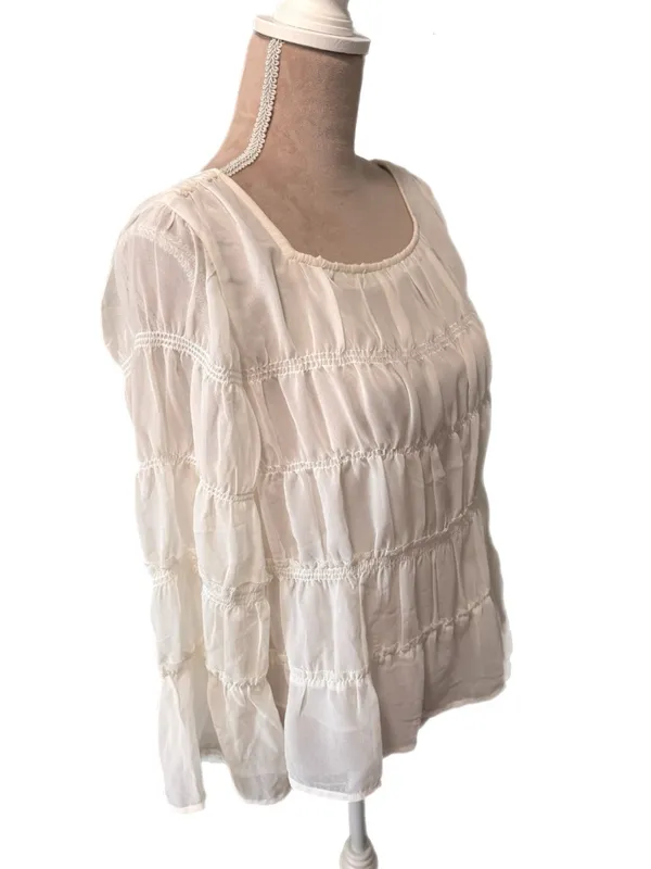 Madewell Tiered Smocked Chiffon White Blouse women’s Size M Top Square Neck New - Image 5