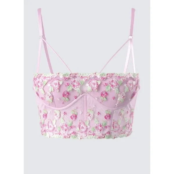 Fairycore Coquette Pink Green Floral Embroidered Corset Top Finesse Olivia M - Image 2