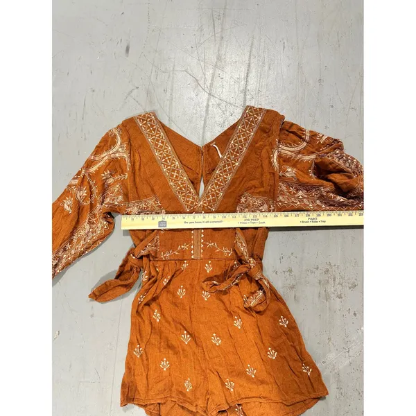 Free People Rust Orange Embroidered Long Sleeve Romper Boho V-Neck Small - Image 8