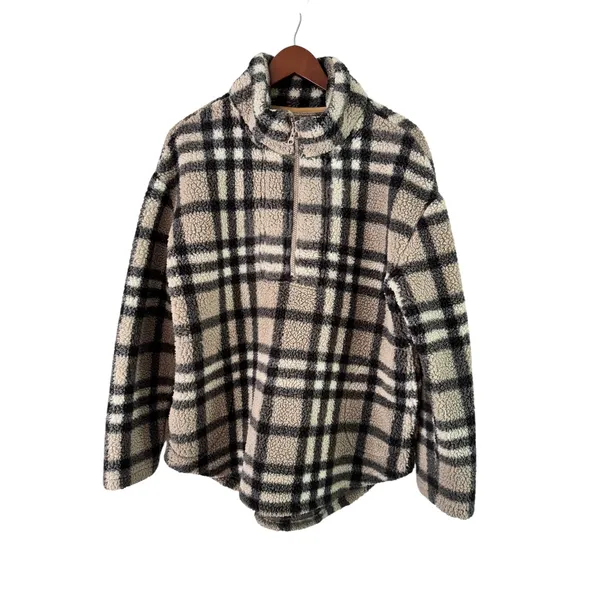 Koolaburra‎ by UGG Plaid Fleece Pullover Quarter Zip Jacket Women's Medium Tan - Image 2