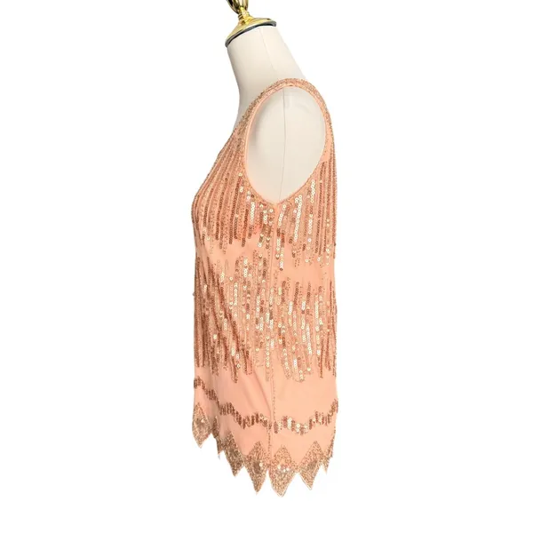 PrettyGuide Rose Gold Sequin Flapper Tank Top Sleeveless Mesh Scalloped Hem S‎ - Image 5