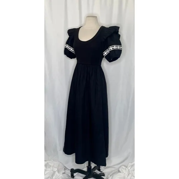 NWT!! CLEOBELLA‎ Selma Midi Dress Embroidered Black Ruffle Puff Sleeves X-Small - Image 6