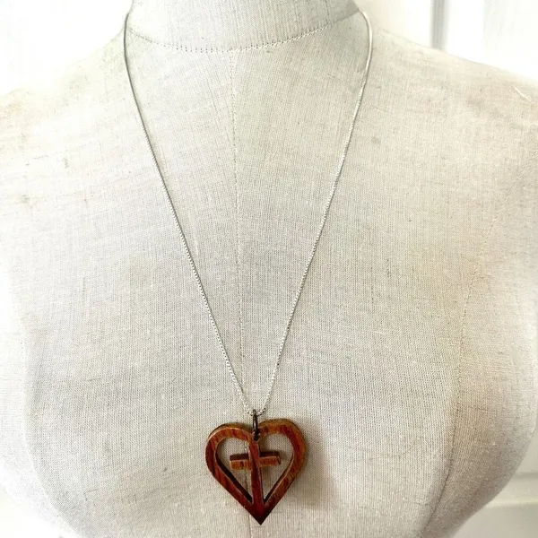 Heart Cross Wood Pendant necklace - Image 3