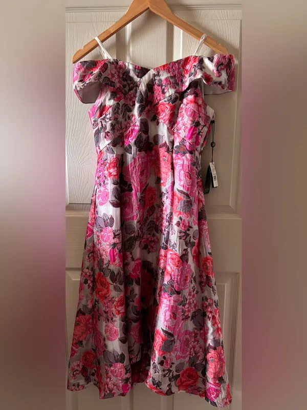 Adrianna Papell Floral Jacquard Shoulder Midi Dress Sz 6 Autumn Wedding Guest - Image 10