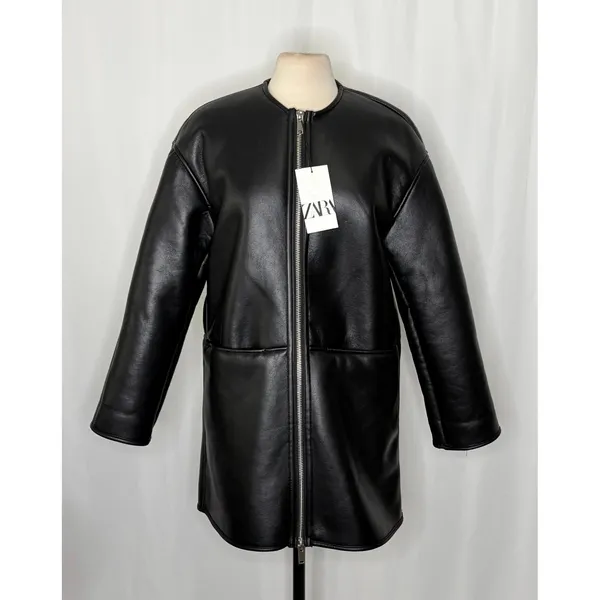 NWT!! ZARA ZW Collection Double Faced Coat Jacket Black Fleece Lining Small - Image 2