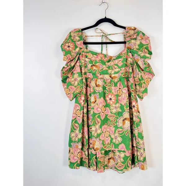 Misa Dress Green Kate Mini Ruched Puffed Floral Pintuck Tie Back A Line Boho XS - Image 6
