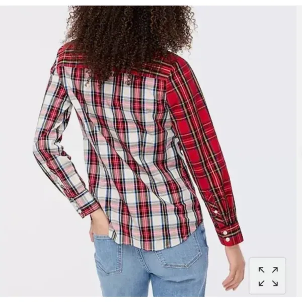 J Crew Top Womens XS‎ Red White Signature Fit Cotton Mixed Tartan Plaid BM033 - Image 3