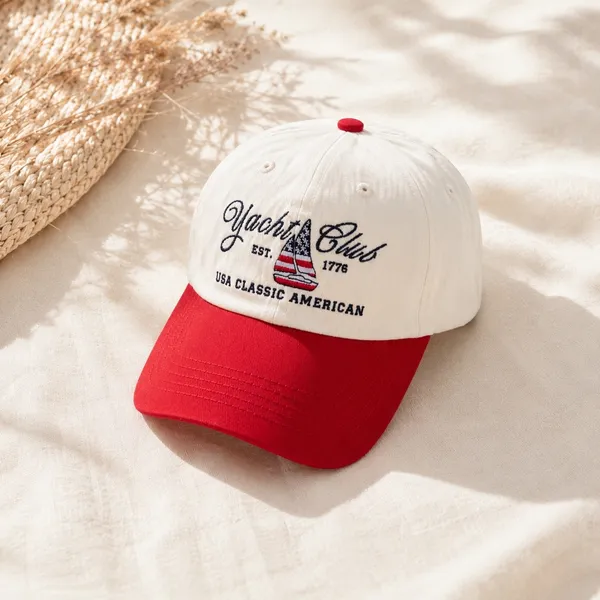 Time and Tru Yacht Club Baseball Cap Cream Red Nautical USA Classic American Hat - Image 2