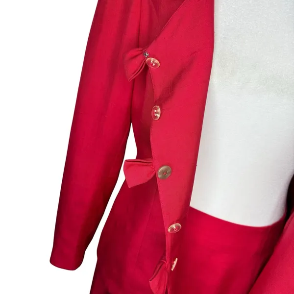 Vintage 90s Liz Claiborne 100% Silk Red Skirt Suit Set Bow Embroidery Size 6‎ - Image 7