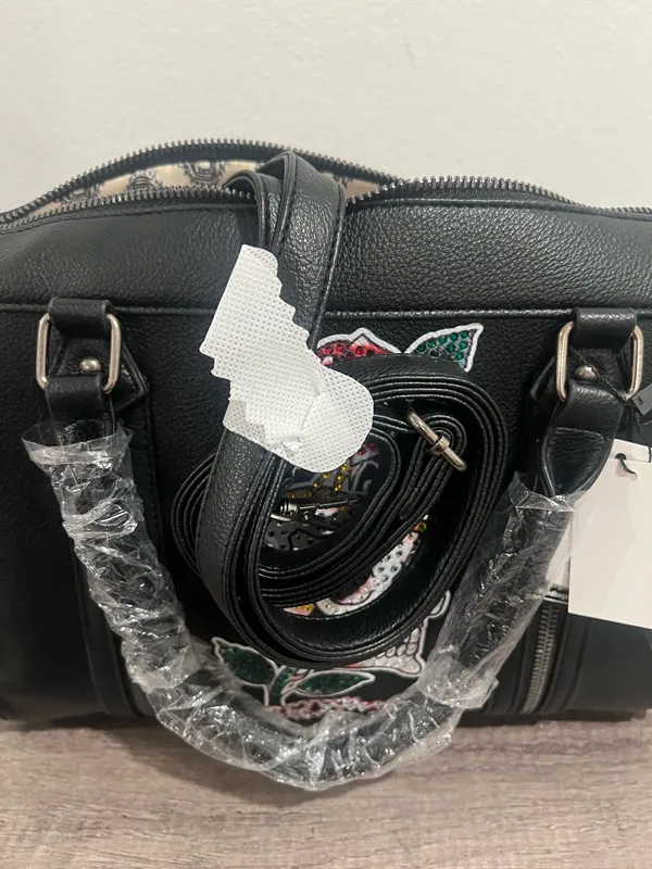 Ed Hardy Black Embellished Skull & Rose Satchel Bag w/ Strap - Image 7