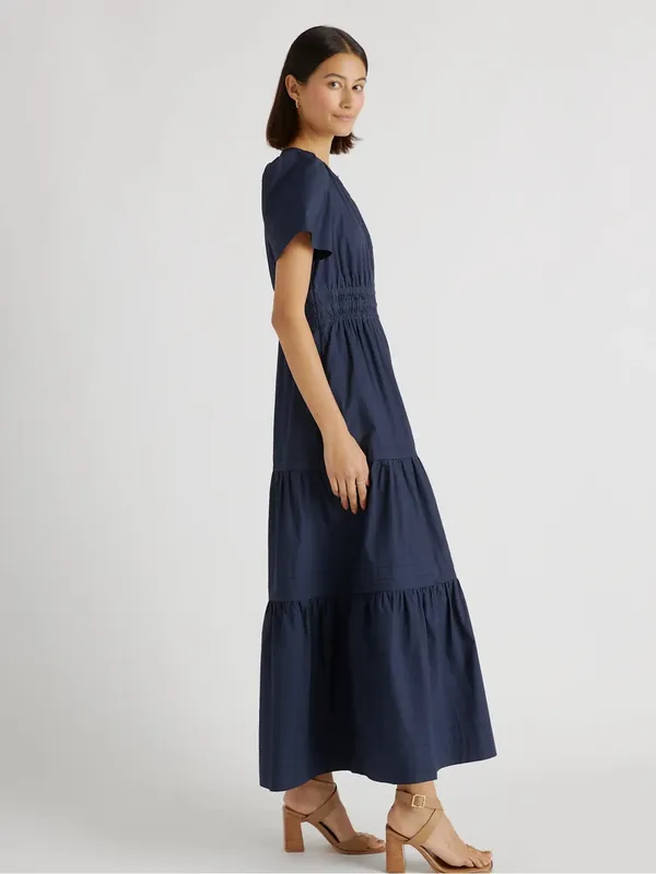 Quince 100% Organic Cotton Poplin Tiered Maxi Dress Navy Blue Size L - Image 4