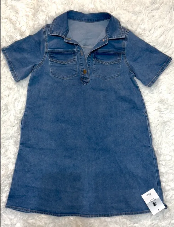 Imily Bela Casual Blue Denim Stretch Dress Women's Short Sleeve with Pockets. S - Image 2