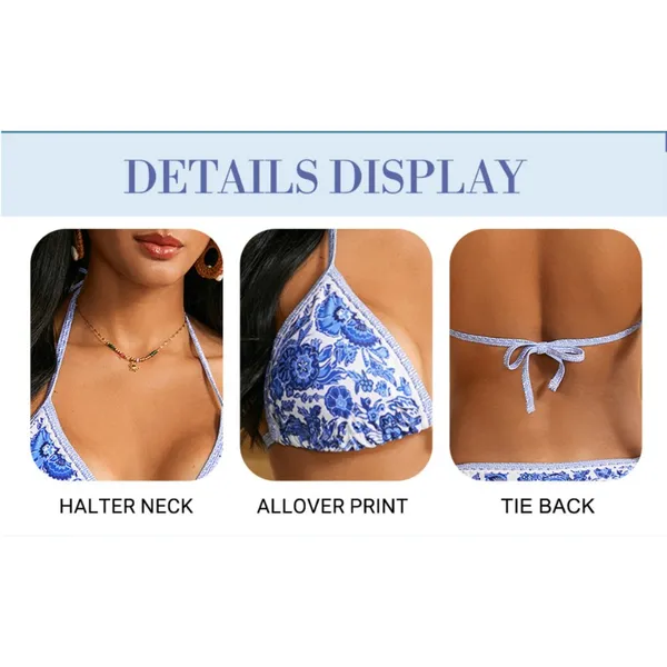 WDIRARA Two Piece Boho Swimsuit Floral Halter Triangle Bikini Bathing Suit XS - Image 7