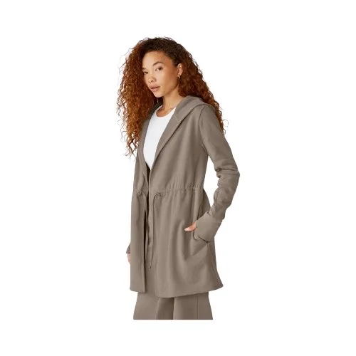 Beyond Yoga-On the go-Cozy Taupe Jacket-size large The first three stock photos are the actual color of the jacket, I had a hard time capturing the exact color in my pictures. Soft and warm taupe jacket. Ideal for comfort and style Open front Cinched waist Hooded Side pockets 67% cotton and 33% polyester Excellent condition - Image 2