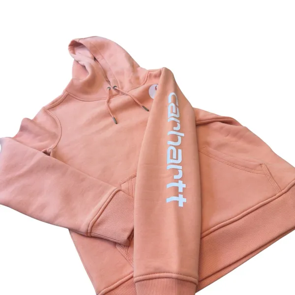 Carhartt Rose Clay Logo Sleeve Hoodie XS Relaxed Fit Pullover Sweatshirt Top EUC - Image 5
