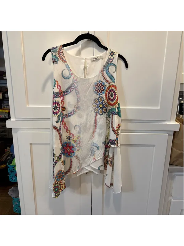 Desigual Asymmetrical Floral Tank Top Size L Mandala Print Sharkbite Hem Boho - Image 12