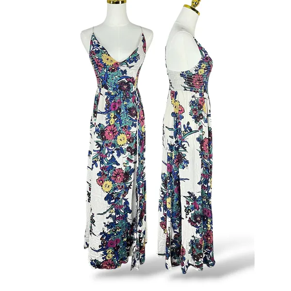 Intimately Free People Floral Butterfly Maxi Dress XS White Blue Smocked Slit - Image 3