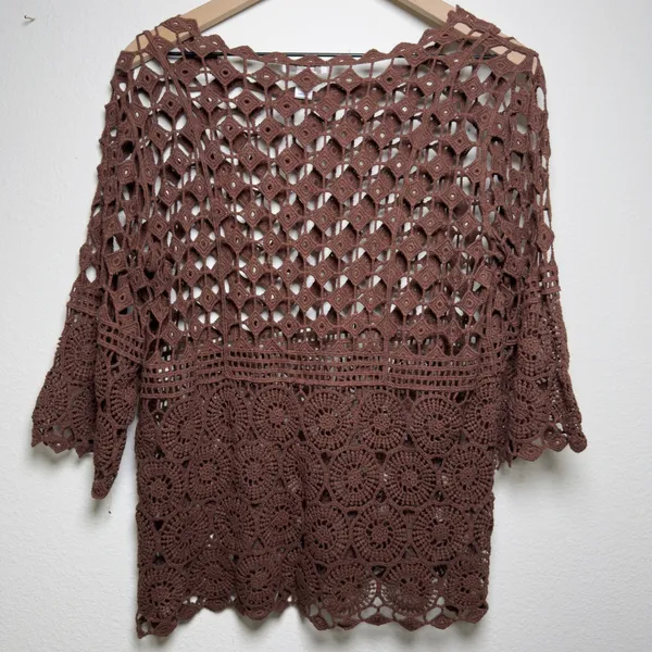 Women Chocolate Brown Crochet Knit Top Medium Boho Festival Indie Grunge‎ Goblin - Image 7