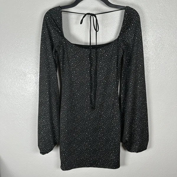 Lucy In The Sky Long Sleeve Mini Dress Womens Small Black Silver Glitter Party - Image 4