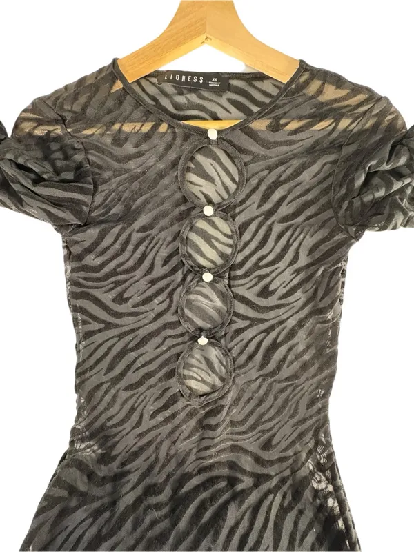 Lioness Sheer Flocked Zebra Mesh Mini Dress XS Black Cutout Bodycon - Image 7