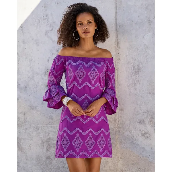 Boston Proper Metallic Lace Detail Off The Shoulder Shift Dress Women’s M Purple - Image 3