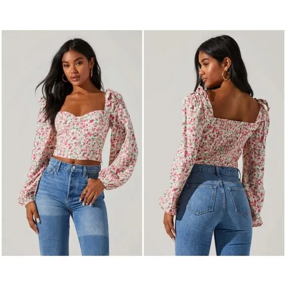 💕ASTR THE LABEL💕 Floral Tie Shoulder Long Sleeve Top ~ Pink Floral Print M NWT - Image 2
