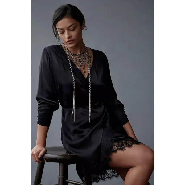 Anthropologie Lace Trimmed Wrap Dress Viscose Satin Long Sleeve Black XS NWT - Image 5