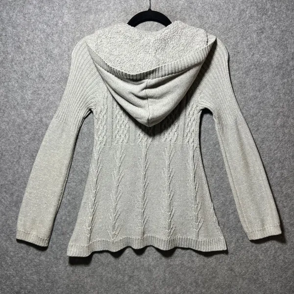 DKNY Jeans Cardigan Sweater Metallic Silver Cable‎ Knit Hooded Zip S - Image 7