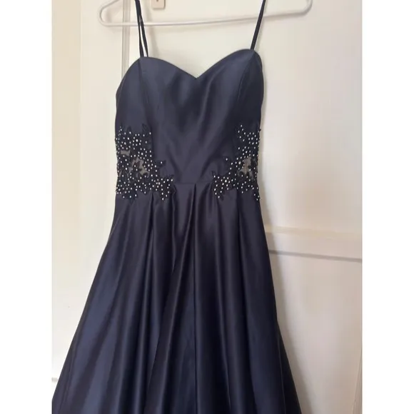 Blondie nite Navy Blue Satin Ball Gown Beaded Lace Waist Formal Evening Dress - Image 7