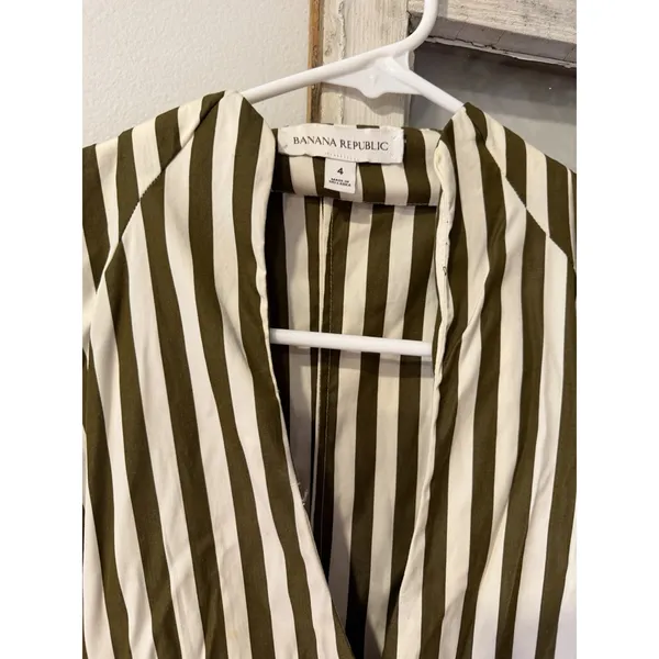 Banana Republic $180 Striped Poplin Shirt Dress V-Neck Pockets Olive/White 4 - Image 4