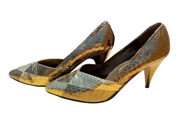 Frederico Leone Gold Megan 100% Snakeskin Metallic Vintage Rare Size 8 Patchwork - Image 4