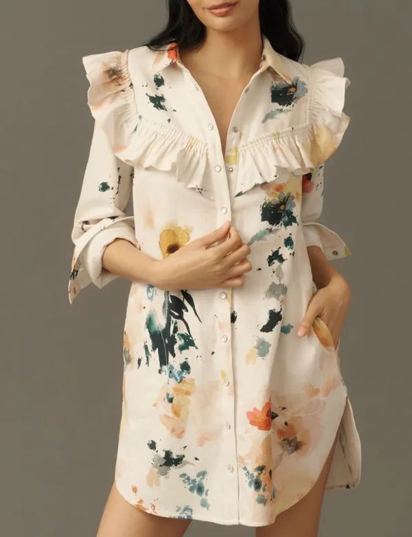 Anthropologie Pilcro Long-Sleeve Ruffled Denim Mini Shirt Dress, Size XS - Image 3