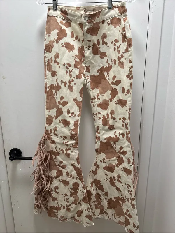 Cream & Brown Cowprint Fringe Flare Jeans Medium 28 in western boho festival - Image 3