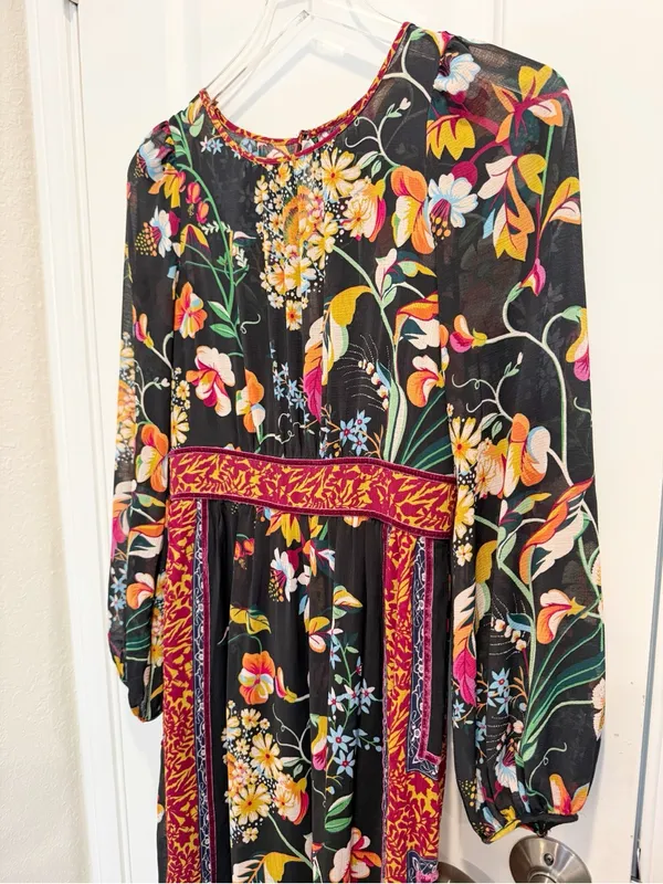 ANTHROPOLOGIE Adair Velvet Trimmed Midi Dress in Black Floral Pattern‎ size 0 - Image 8