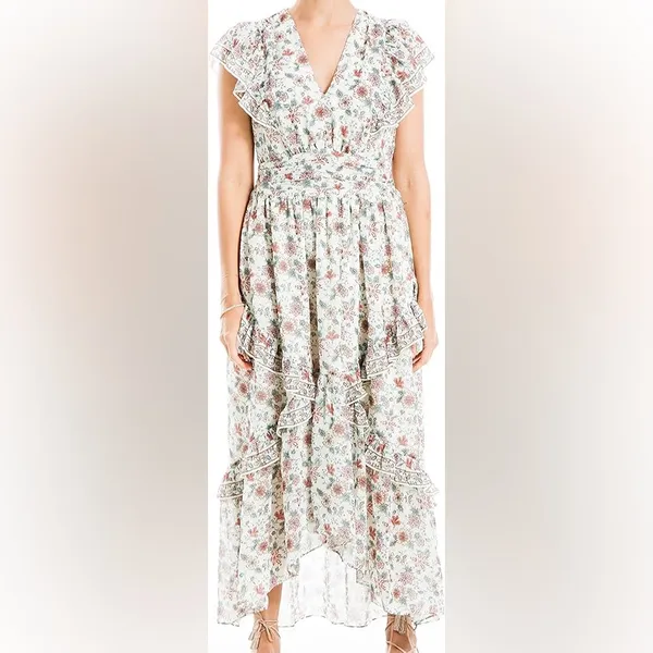 NWT max studio Georgette green garden Floral Ruffle midi maxi dress size S - Image 2