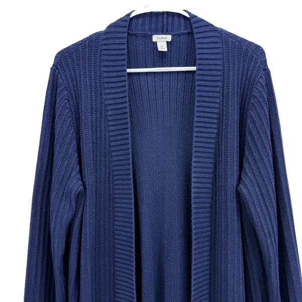 LL Bean Navy Blue Shaker Stitch Cotton Open Cardigan Sweater Pockets Size XL - Image 3