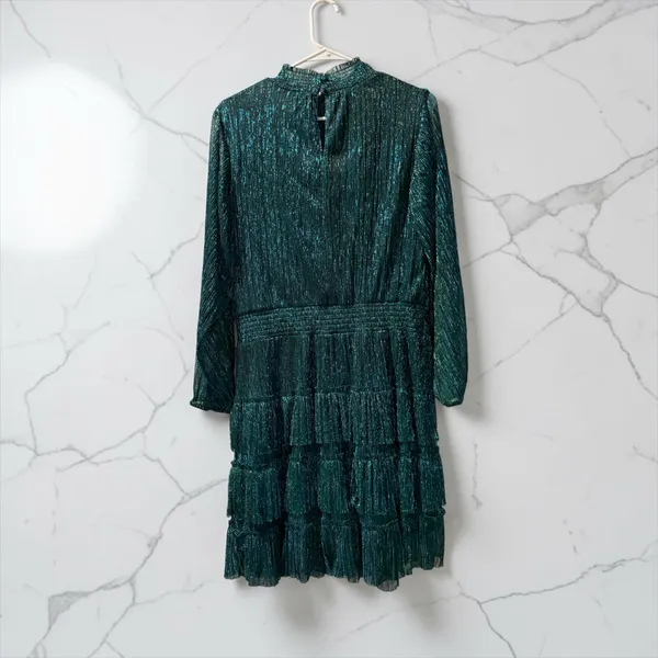 Women's Green Metallic Tiered Long Sleeve Mini Dress - Image 3
