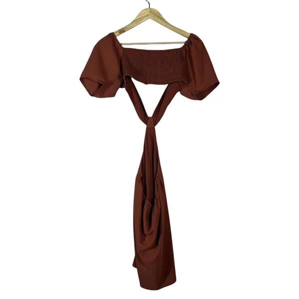 American Threads Tie Front Cutout Solid Mini Dress Rust Boho Smocked Size Medium - Image 3
