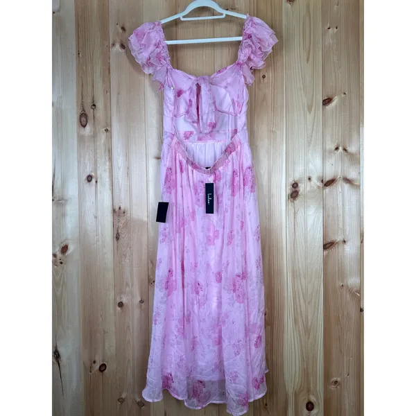 NWT Lulus Loveliest Darling Light Pink Floral Ruffled Tie-Back Midi Dress Sz L - Image 5