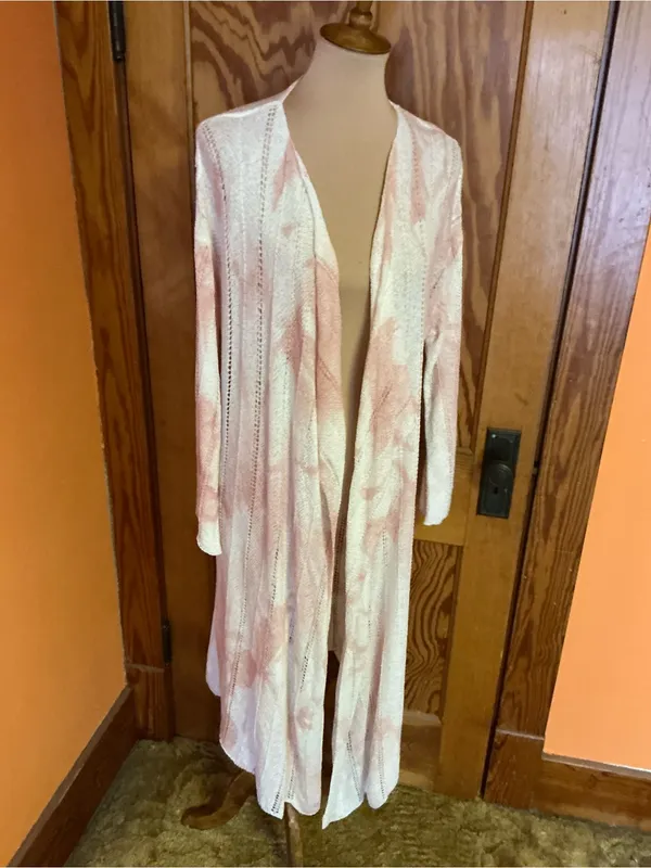 POL Long Open Front Duster Cardigan Large Pink Ivory Tie Dye Pointelle Knit Boho - Image 10