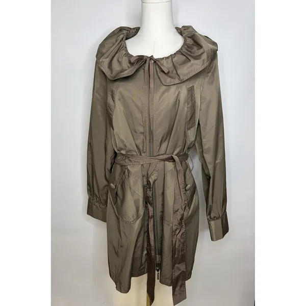 Vertigo Paris Womens XL Olive Taupe Ruffle Collar Belted Trench Coat Jacket - Image 6