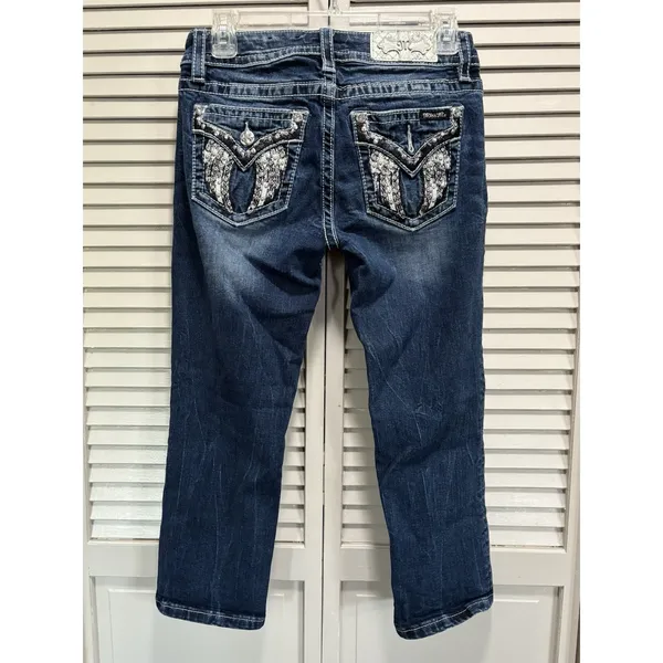 Miss Me Crop Denim Jeans Sequins/Embroidered/Gems Logo‎ Size 27 Western/Boho - Image 3