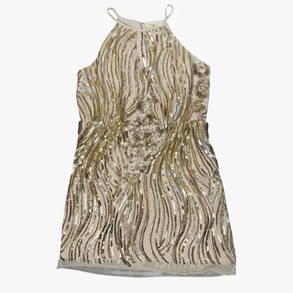 Sugar + Lip2 Sequin Mini Dress S Gold Champagne Cold Shoulder Keyhole Cocktail - Image 7