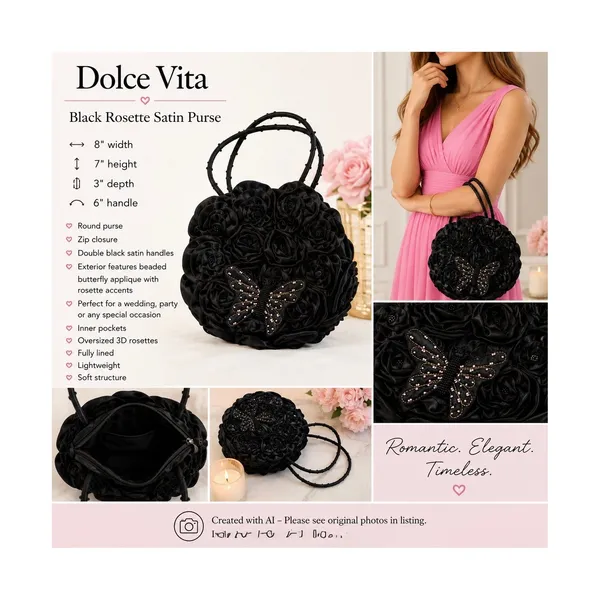 Dolce Vita Black Rosette Satin Purse Beaded Butterfly Applique Floral Y2K Fairy - Image 12
