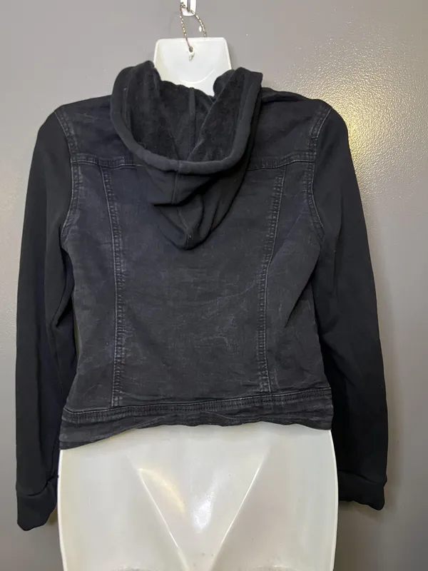 WallFlower Jacket Womens Small Black Denim Hooded Knit Sleeves Button Cropped - Image 5