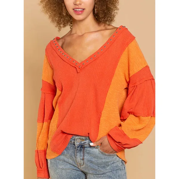 Charming Charlie sz L Women Studded Waffle VNeck Long Sleeve Top patchwork stitch - Image 3